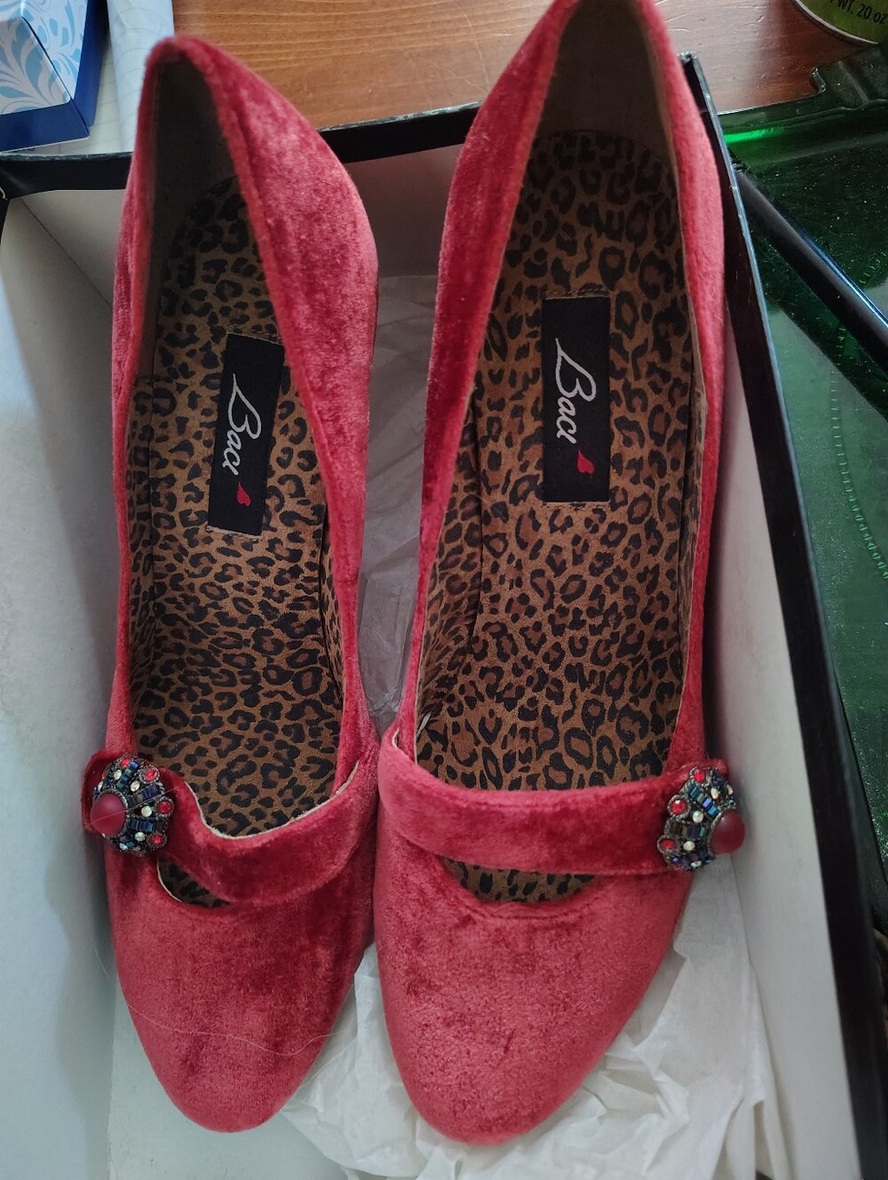 Baa Red Velvet Mary Jane Heels with Jeweled Strap